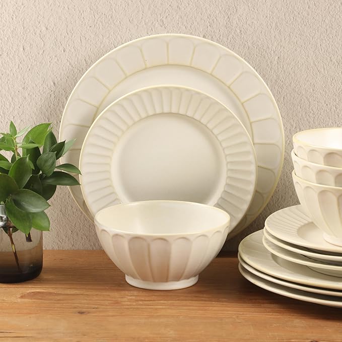 Gibson Elite Winchester Way 12-Piece Embossed Stoneware Dinnerware Set – Reactive Matte Glaze Durable Lightweight-Tech Plates &amp Bowls Everyday Dish Set Microwave &amp Dishwasher Safe – Off-Whi