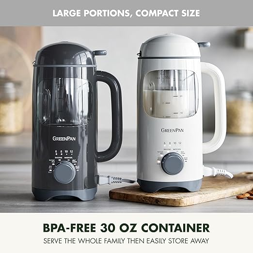 GreenPan Nut Milk Maker 15-in-1 Homemade Soy Almond Oat Coconut Non-Dairy Rice Soup Baby Food BPA-Free Smooth Creamy Texture Self Clean Barista Quality Milk Delay Start Boil Water Cream
