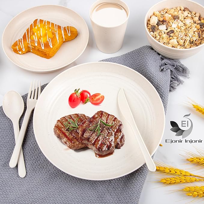 EI 42pcs Wheat Straw Dinnerware SetPlates and Bowls SetsReuasble PlateUnbreakable Dinner Plate for 6Microwave Dishwasher SafeCollege Dorm Room Essentials Dishes Sets-BowlsPlatesCupsCutlery