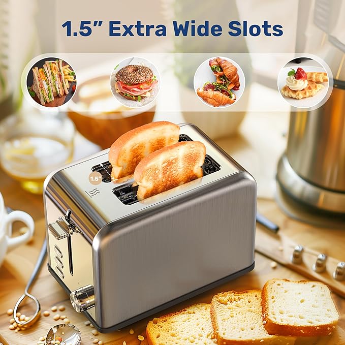 YSSOA Stainless Steel Toaster 2 Slice with Extra Wide Slot &amp Removable Crumb Tray 6 Shade Settings and Bagel/Defrost/Cancel Functions Compact Oven for Various Bread &amp Waffle Silver New