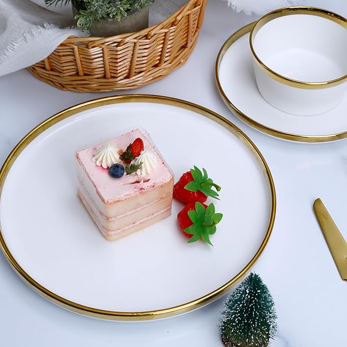 Premium Dinnerware Set 12-Piece with Gold Rim Service for 4White Bone China Porcelain Plates &amp Bowls Chip Resistant Oven &amp Dishwasher Safe for Fine Dining Set