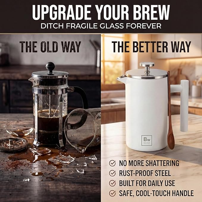 Barista Warrior French Press Coffee Maker Stainless Steel with Built-In Thermometer - Insulated Double Wall Design Dual Filter System Stay-Cool Handle &amp Wood Spoon - White
