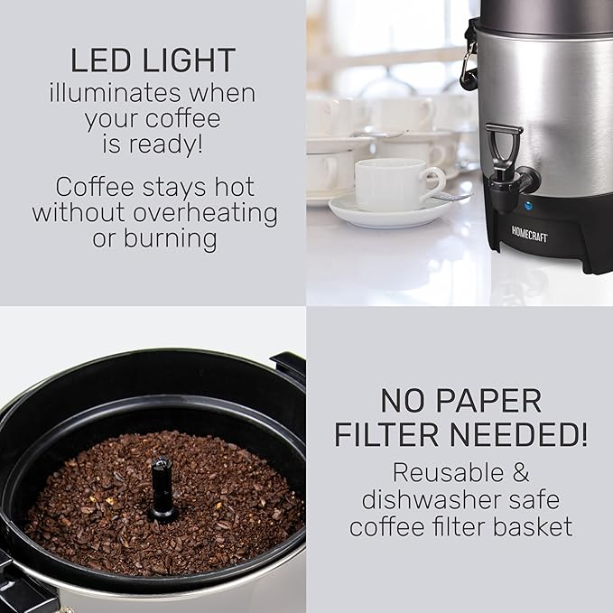 Homecraft 45-Cup Coffee &amp Hot Beverage Urn - Quick Brewing Drip-Free Spout Water Level Markings Reusable Filter &amp Carry Handles - Aluminum