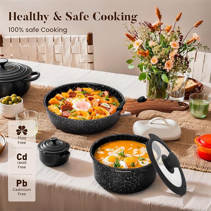 Kitchen Academy Removable Handle Induction Pots and Pans Set - 10 Piece Non-stick Cookware Sets Black Granite Stackable RV Cookware for Camp