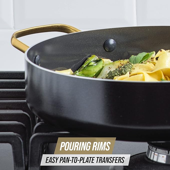 Blue Diamond 4QT Saute Pan with Lid Non Toxic Induction PFAS-Free Diamond Ceramic Nonstick Dishwasher &amp Oven Safe Metal Utensil Safe Gold Handle &amp Helper Handle Jumbo Skillet Glass Lid