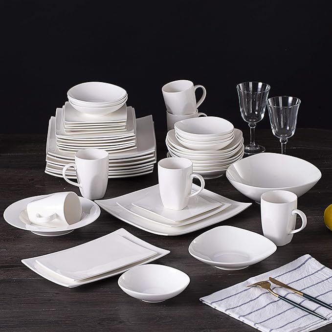 Bone China Square Shape Elegance White 51pc Dinnerware Set