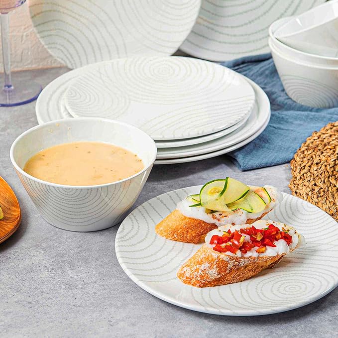 BZYOO BPA-Free Dishwasher Safe 100% Melamine Plastic Plate &amp Bowl Set Casual dining Indoor and Outdoor Dining Party (12 PCS Dinnerware set Service for 4 white planet)