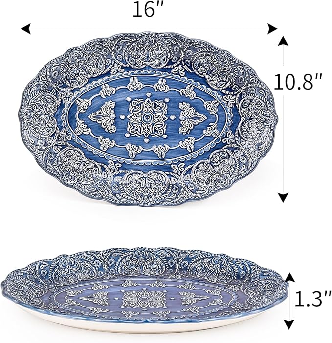 Sungmor Embossed Stoneware Fine Dining Dinnerware Antique Baroque Style Porcelain Serving Platter Set of 2 &amp 16 Inch Oval Large Serving Plates Sophisticated Ceramic Serving Dish Party Table Dec