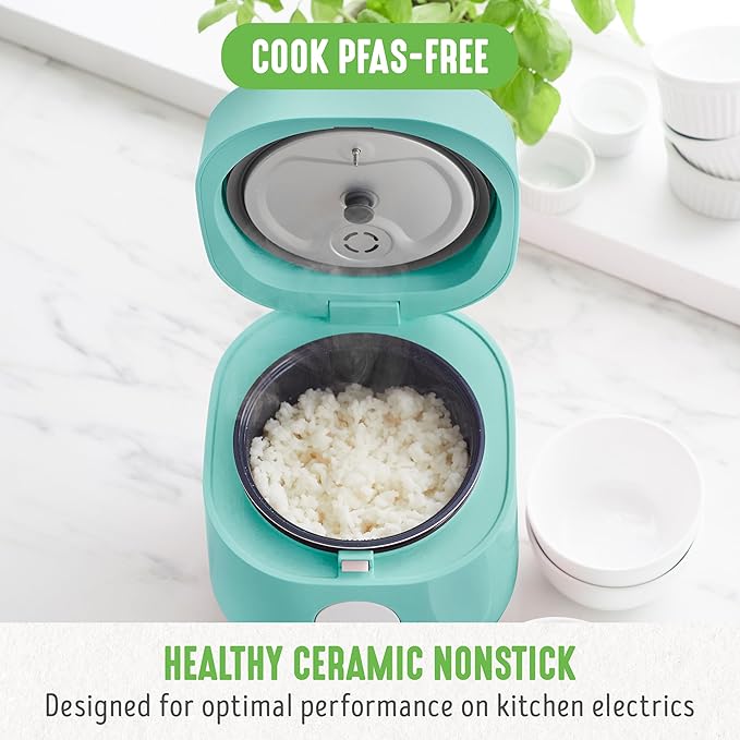 GreenLife PFAS-Free 4-Cup Rice Beans Oats and Grains Cooker Healthy Ceramic Nonstick Easy to Use Automatic Presets Dishwasher Safe Parts Turquoise