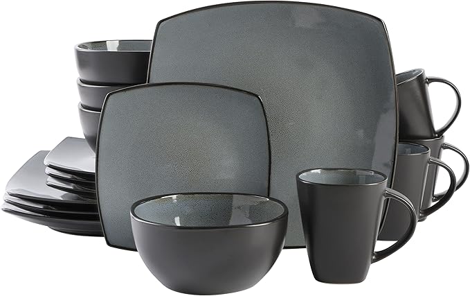 Gibson Elite Soho Lounge Square Reactive Glaze Stoneware Dinnerware Set Service for 4 (16pc) Eclipse
