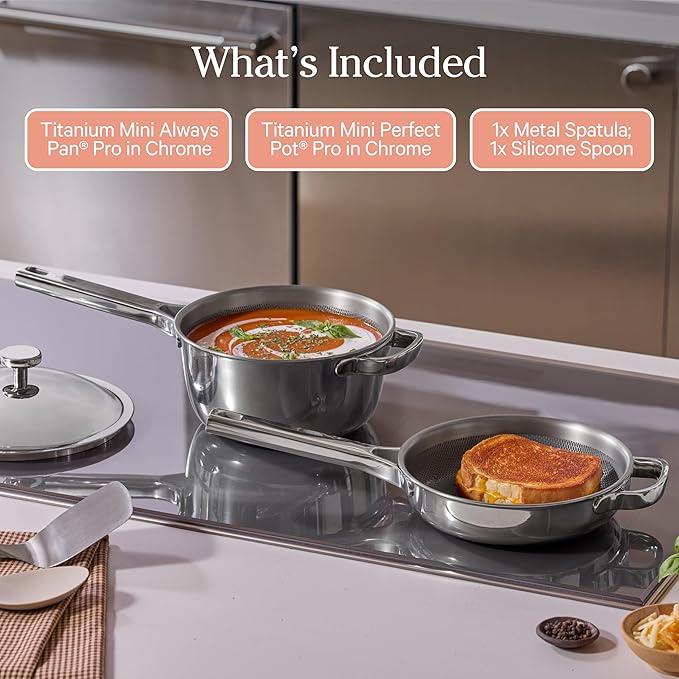 Our Place Mini Titanium Pro Cookware Duo | 6-Piece Tri-Ply Titanium Cookware Set with Always Pan Pro &amp Perfect Pot Pro | Non-Toxic No-Coating Nonstick | Induction &amp Oven-Safe up to 1000°F | Ch