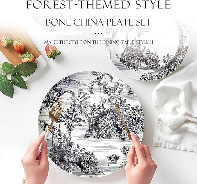 Bone china dinnerware set for 2 Plates set with dessert plates (6.5&amp8 inch) and dinner steak plate(10.5&amp12 inch) dishes set for home and kitchen forest animal pattern series 03