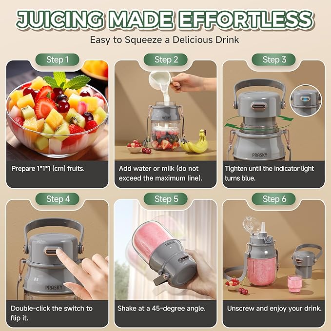 Portable Blender 27oz Personal Blender for Smoothies &amp Protein Shakes with 70W Motor &amp Smart Lock USB-C Rechargeable BPA-Free for Travel/Office/Home/Gym Drink Mixer with Strap Prasky (Ligh