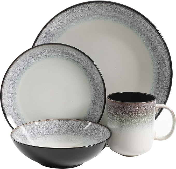 Gibson Elite Rings of Saturn Round Reactive Glaze Stoneware Dinnerware Set Service for Four (16pcs) Teal Blue