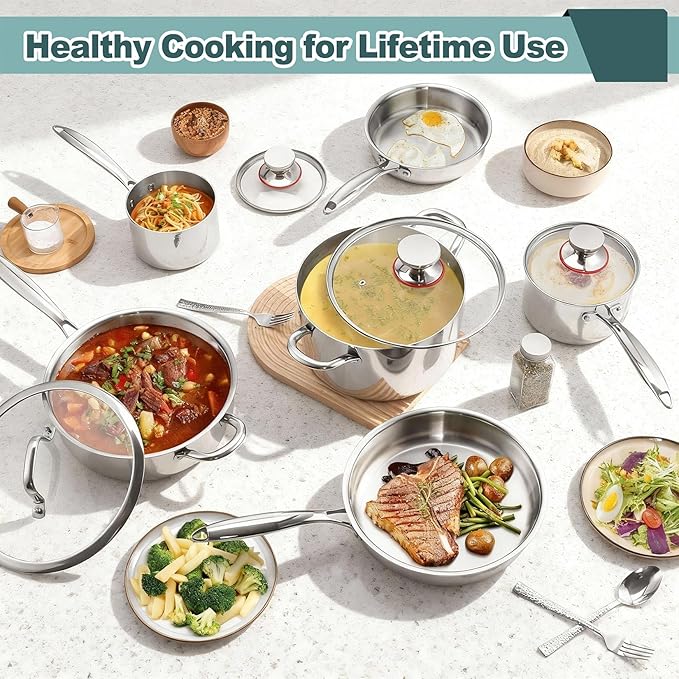 P&ampP CHEF 3-Ply Stainless Steel Cookware Set of 6 10-Pieces Pots and Pans Sets Stainless Steel for Kitchen Induction Multi Cooktops &amp Oven Dishwasher Safe Frying Pans Saucepans Saute Pan