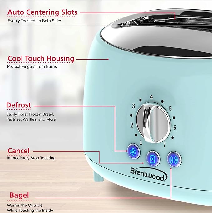 Brentwood Appliances Cool-Touch 2-Slice Retro Toaster with Extra-Wide Slots (Blue)