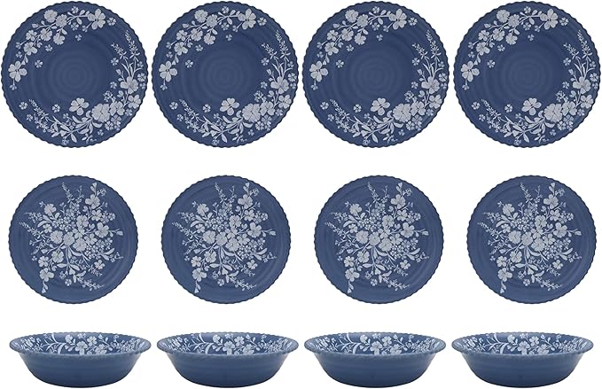 12-Piece Daisy Bamboo Melamine Dinnerware Set - Shatterproof Plates &amp Bowls Lightweight for Indoor Outdoor Dishwasher Safe Service for 4 Ocean Blue Floral Design