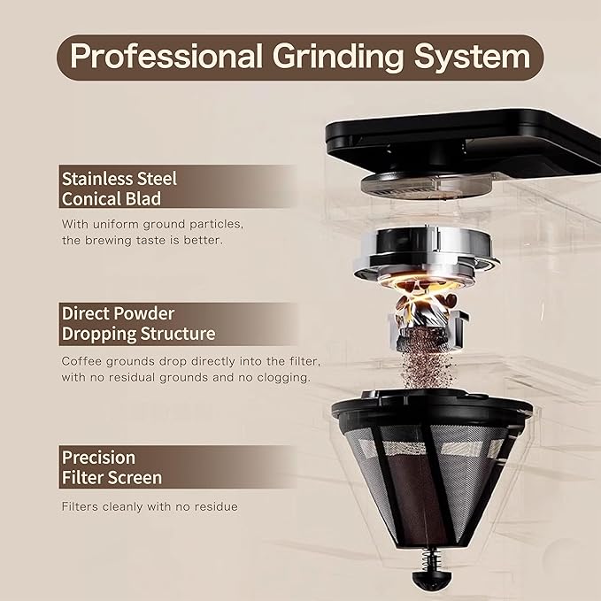 Coffee Maker with Grinder Programmable Hot and Cold Coffee Maker with 22 oz Glass Carafe Adjustable Fully Automatic grind and brew Coffee Machine with Timer Black Americano Iced Coffee Machine