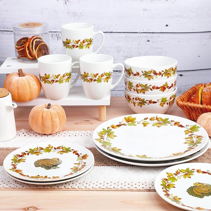 16 Pcs Thanksgiving Dinnerware Sets for 4 Rustic Autumn Tableware Fall Thanksgiving Salad Plate Harvest Soup Cereal Bowl Mug Dinnerware Sets with Berry Fall Maple Leaves Turkey Service