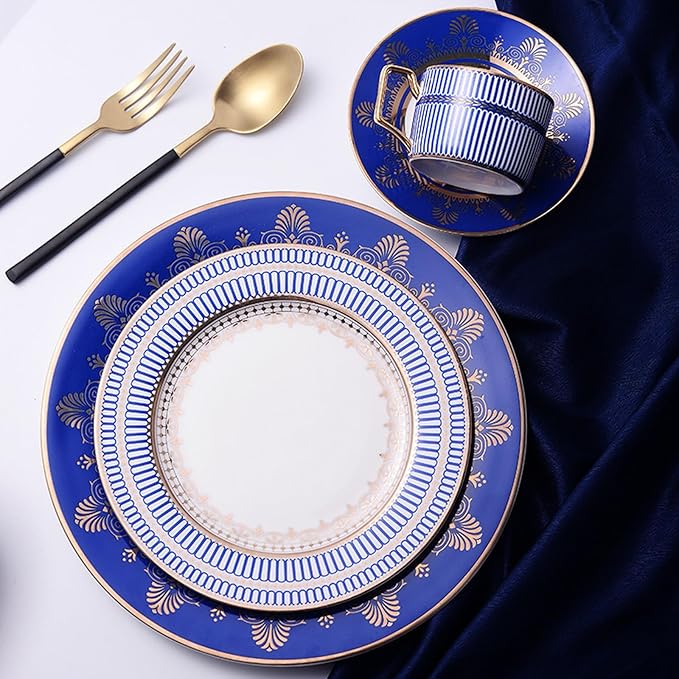 European Style Dinnerware Set Service for 6 Bone China Dinnerware Sets Unbreakable Porcelain Dinner Sets Coffee Cup and Saucer Tableware Set Steak Dinner Plates Dish Set Lan Yaojin-07