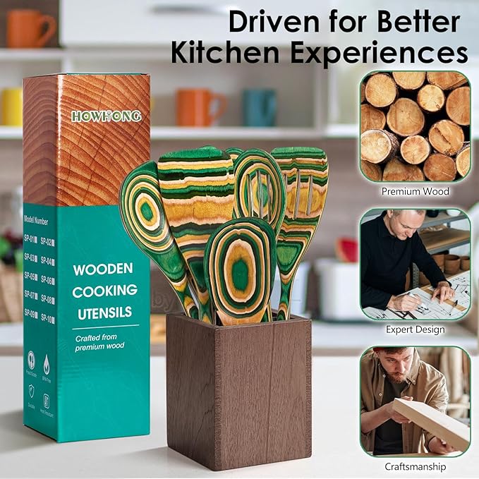 Wooden Spoons for Cooking Pakkawood Kitchen Utensil Set Oasis Color Premium Durable Wooden Utensils for Nonstick Cookware Heat Resistant Smooth Finish Comfortable Grip 7 Piece