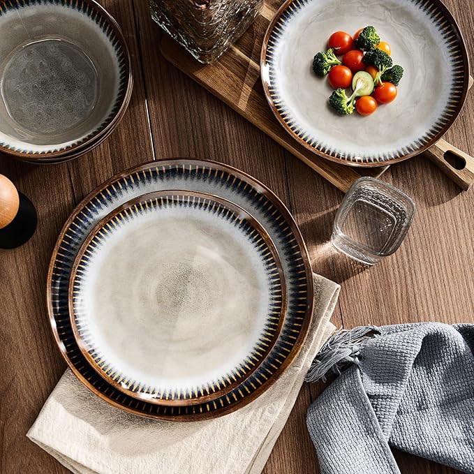 Melamine Dinnerware Set 12 Pcs Dishware Sets Plate and Bowl Set Service for 4 Lightweight and Unbreakable Dinnerware Sets for Camping Great for RV Dishwasher Safe Sahara Beige and Blue