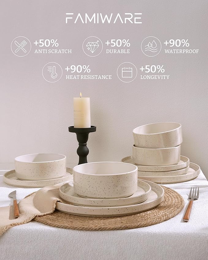 Famiware Nebula Plates and Bowls Set 24 Pieces Dinnerware Sets Dishes Set for 8 Creamy White with Colorful Speckles