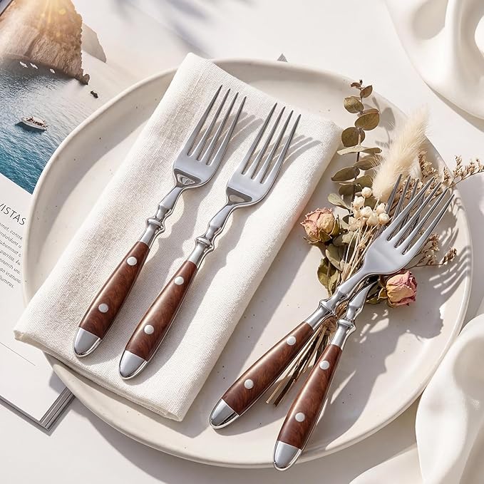 Dinner Forks 8-Pack Stainless Steel Dinner Forks 7.9 Inches with Wood Grain Bakelite Handle For Salad Noodle Dishwasher Safe