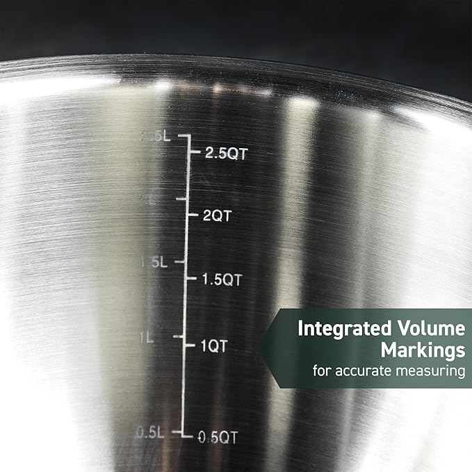 HexClad Stainless Steel Mixing Bowl Set 3-Piece with Vacuum Seal Lids and Non-Slip Base 1.33 and 5 Quarts