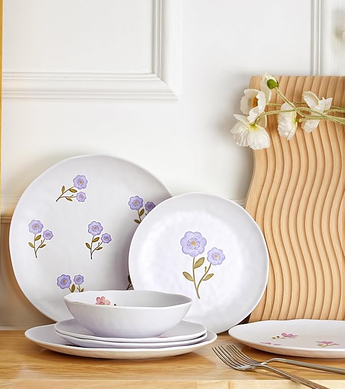 12-Piece Melamine Dinnerware Set Unbreakable Plates and Bowls Set for Outdoor Camping Picnic Party Service for 4 Shatterproof &amp Lightweight Floral Dining Dishes Set Blue Purple Red Pink
