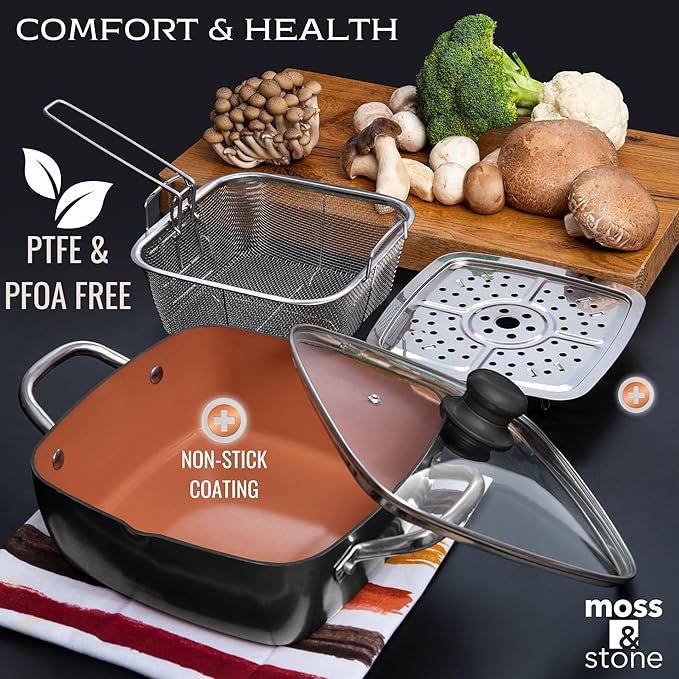 Moss &amp Stone 5 Pcs Black Copper Chef Cookware Non Stick Deep Frying Pan Fry Basket Steamer Rack Dishwasher &amp Oven Safe 5 Qt Deep Square Pan Induction Copper Cookware Set - 9.5 x 3.5