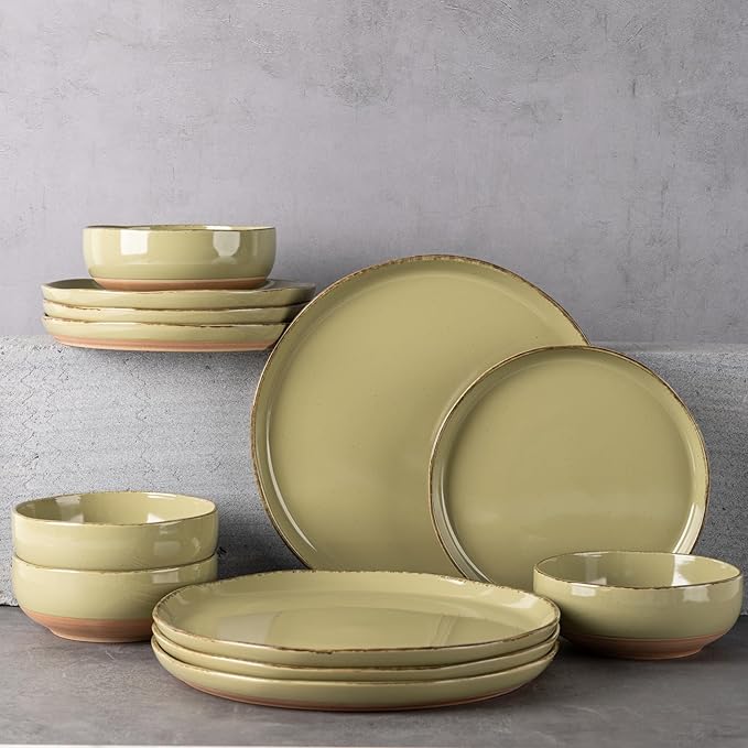 AmorArc Ceramic Dinnerware Sets for 4 12 Pieces Handpainted Plates and Bowls Set with Rustic Terracotta Underside Scratch Resistant Stoneware Dishes Set Dishwasher &amp Microwave Safe Olive Green