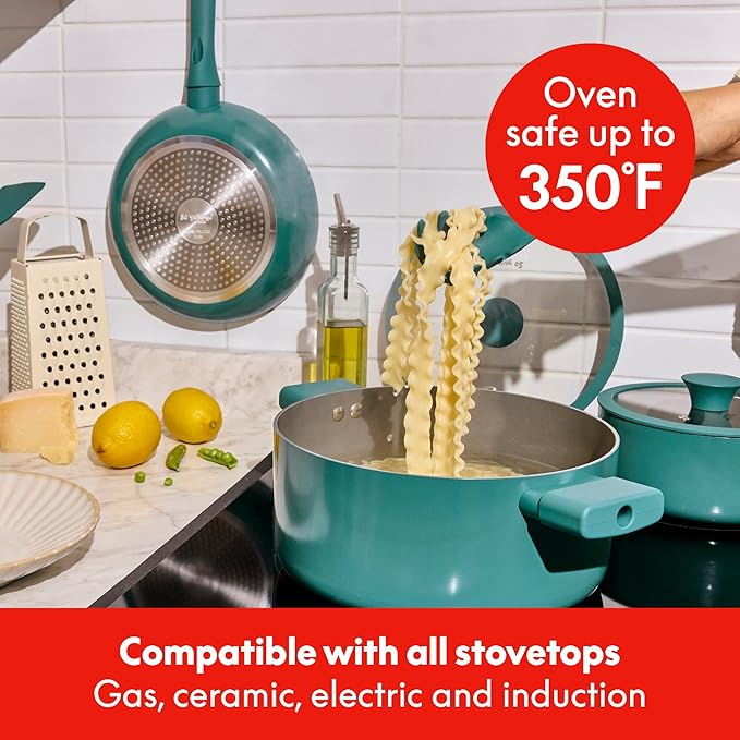 So Yummy by bella 12 Piece Cookware Set w EverGood™ Ceramic Nonstick Coating and Silicone &amp Wood Utensils Dishwasher Safe Silicone &amp Glass Lids Oven Safe &amp All Stovetop Compatible Moon