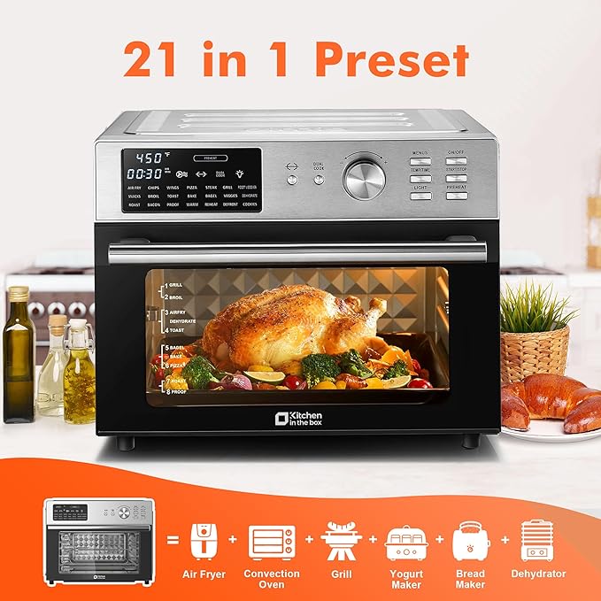 Kitchen in the box 32QT Extra Large Air Fryer Toaster Oven Combo 21-in-1 Countertop Convection Toaster Oven with Rotisserie and Dehydrate 6 Accessories 1800W Dual Cook Preset (Silver)