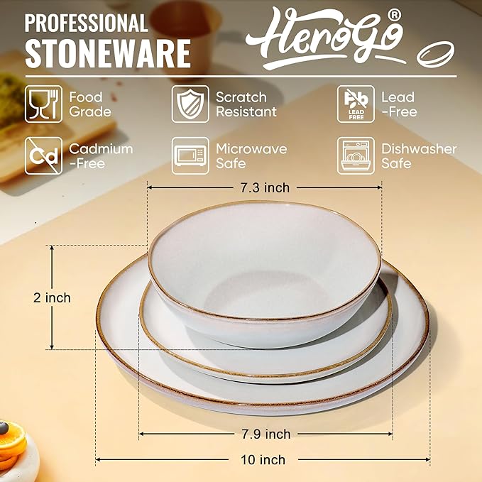 Herogo Stoneware Dinnerware Sets 12 Piece Dinner Dishes Set for 4 Ceramic Plates and Bowls Dishware Tableware Includes Dinner Salad Plates Soup Bowls Microwave &amp Dishwasher Safe Pearl White