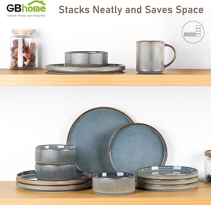 GBHOME 18-Piece Stoneware Dinnerware Set for 6 – Ribbed Ceramic Plates and Bowls Scratch-Resistant Microwave &amp Dishwasher Safe Reactive Glaze Deep Ocean