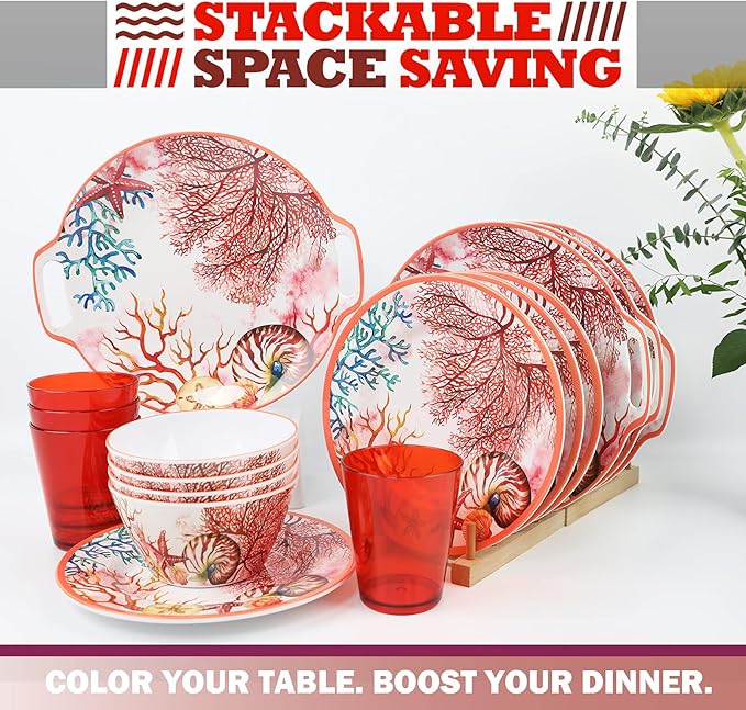 Melamine Dinnerware Set for 4-16 Pcs:Camping Dishes Set with Dinner PlatesSalad PlatesCups and Bowls.Lightweight and Unbreakable.Indoor and Outdoor Use.