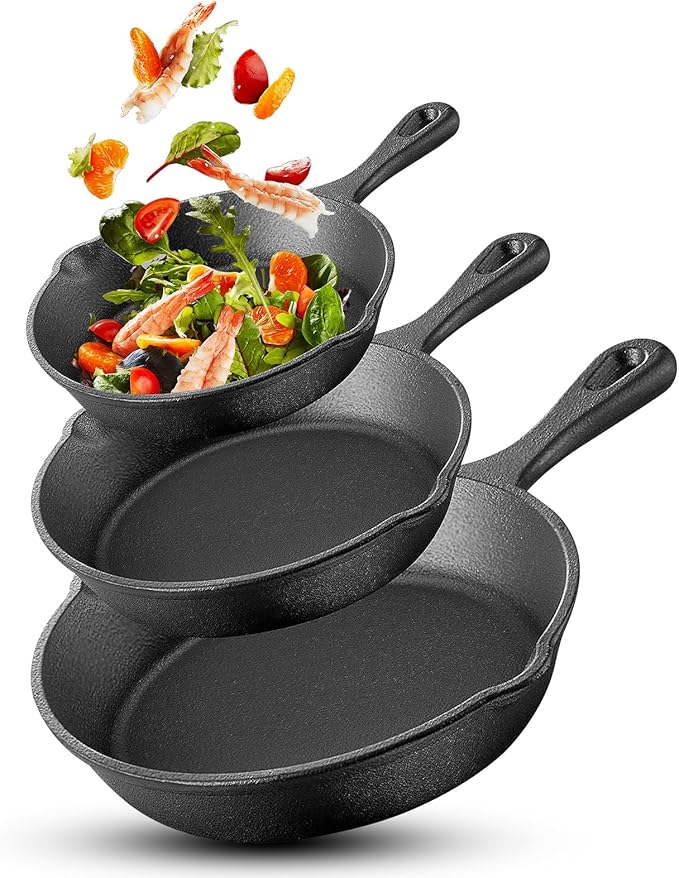 Nonstick Frying Pan Set - 3 Pcs Cast Iron Cooking Pans Dishwasher Safe Prevents Sticking Multifunctional Egg Pan with Longer Handle for All Stove Types