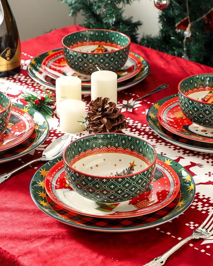 Hasense 12 Pieces Christmas Dinnerware Set Ceramic Dish Plates and Bowls Red &amp Green Design Dinnerware Sets for 4 Dishwasher &amp Microwave Safe Dishes Ideal for Christmas Gift