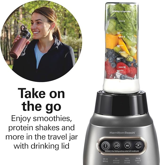 Hamilton Beach Wave Action Blender for Smoothies Stainless Steel Ice Sabre Blades 40oz Glass Jar 20oz Blend-In Portable Travel Jar 800 Watts Quiet Design Gray (58181)