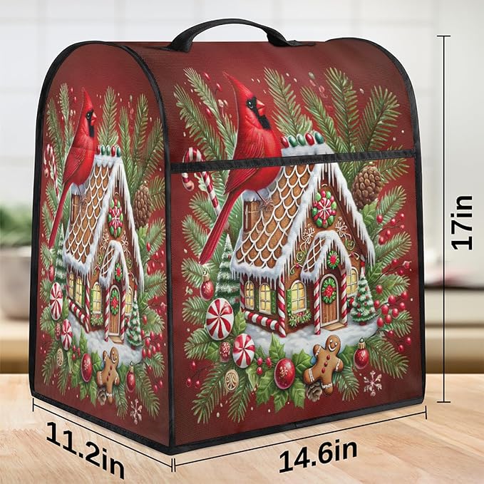 Kitchen Aid Mixer Cover Christmas Bird House Cardinal Stand Mixer Cover Compatible with 6-8 Quarts Stand Mixers Dust Covers with Zipper Pocket Foldable Washable Kitchen Aid Organizer Bag