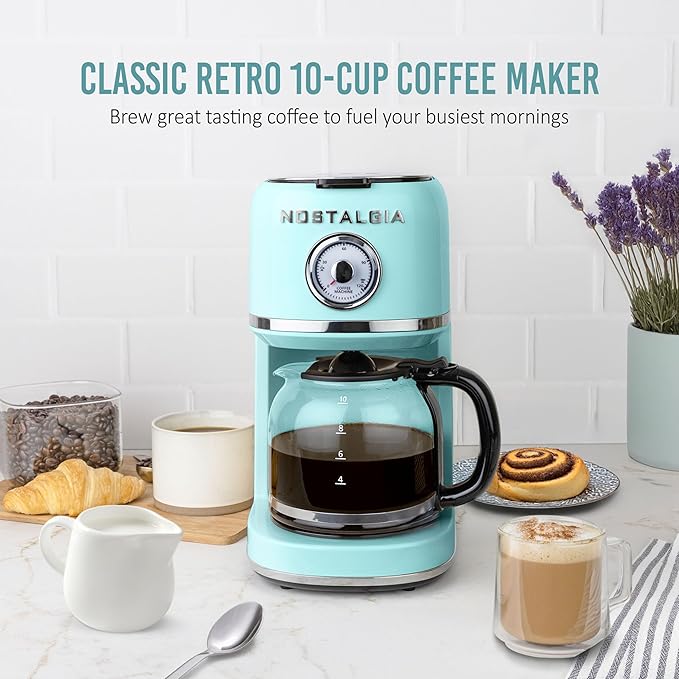 Nostalgia Classic Retro 10 Cup Coffee Maker - One-Touch Drip Brew Reusable Filter - Anti-Drip Auto Shutoff &amp Time Display - Dishwasher Safe 50 oz Carafe - Aqua