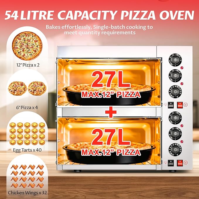 Double Deck Commercial Pizza Oven 16 Inch Countertop Electric Pizza Oven with Pizza Stone Max Temperature Up to 662°F Stainless Steel Fast Baking Pizza Maker 2800W Energy Efficient Easy to Clean