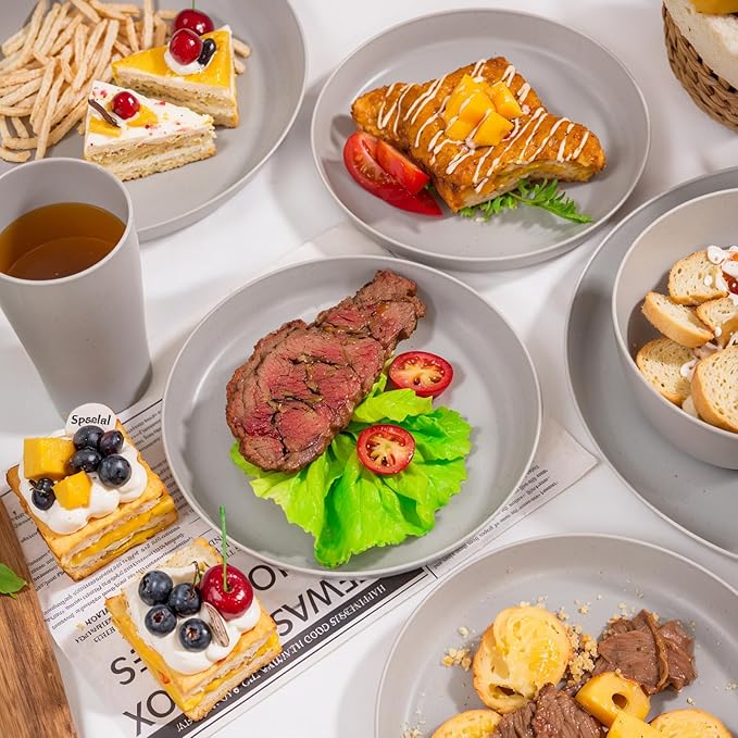 EI 24pcs Grey Wheat Straw Dinnerware Set of 6Reuasble Unbreakable Dinner PlatesWheat Plates and Bowls Sets for CampingPicnincFamily Dinner