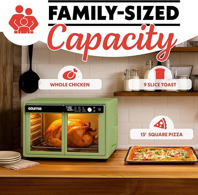 Gourmia French Door Air Fryer Oven - 37 Qt Large Capacity Convection Toaster Oven FryForce 360° Digital Display 12 Cooking Presets Dehydrate Fits 13” Pizza Dishwasher-Safe Green