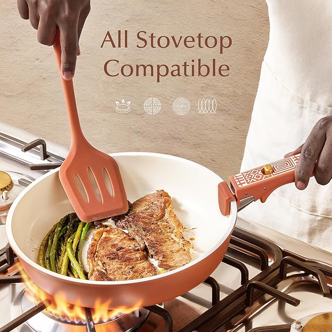 CAROTE 21-Piece Ceramic Cookware Set Nonstick Pots and Pans Set with Detachable Handle Non-Toxic Kitchen Cooking Set Induction Compatible Dishwasher &amp Oven Safe Terracotta