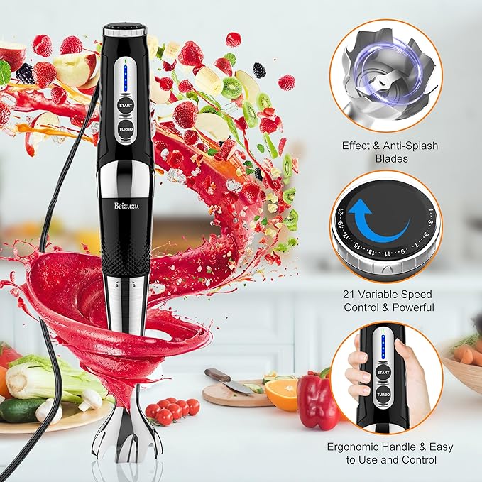 Immersion Hand Blender: 3-Angle Adjustable with Variable 21-Speed Control Powerful Hand Blender Electric for Milkshakes | Smoothies | Soup| Puree | Baby Food (Black)
