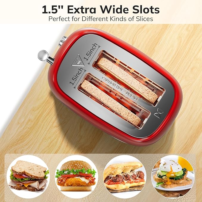 2 Slice Stainless Steel Toaster Retro with 6 Bread Shade Settings Bagel Cancel Defrost Function Extra Wide Slot Removable Crumb Tray Red