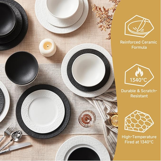 KINGSTONE Dinnerware Sets 12-Piece Matte Marble Pattern Premium Porcelain dishes set Plates and Bowls Sets for 4 Place Setting with Dinner Plate Salad Plate Pasta Bowl (White)
