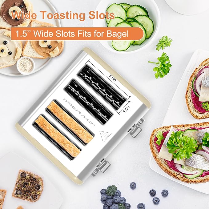 Toaster 4 Slice KitchMix Bagel Stainless Toaster with LCD Timer Extra Wide Slots Dual Screen Removal Crumb Tray (Cream)